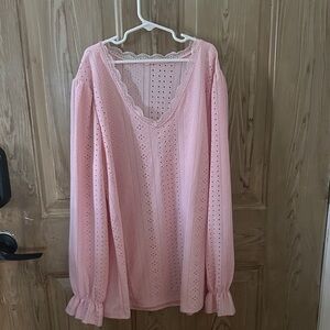 Pink Eyelet Blouse with Lace Trim